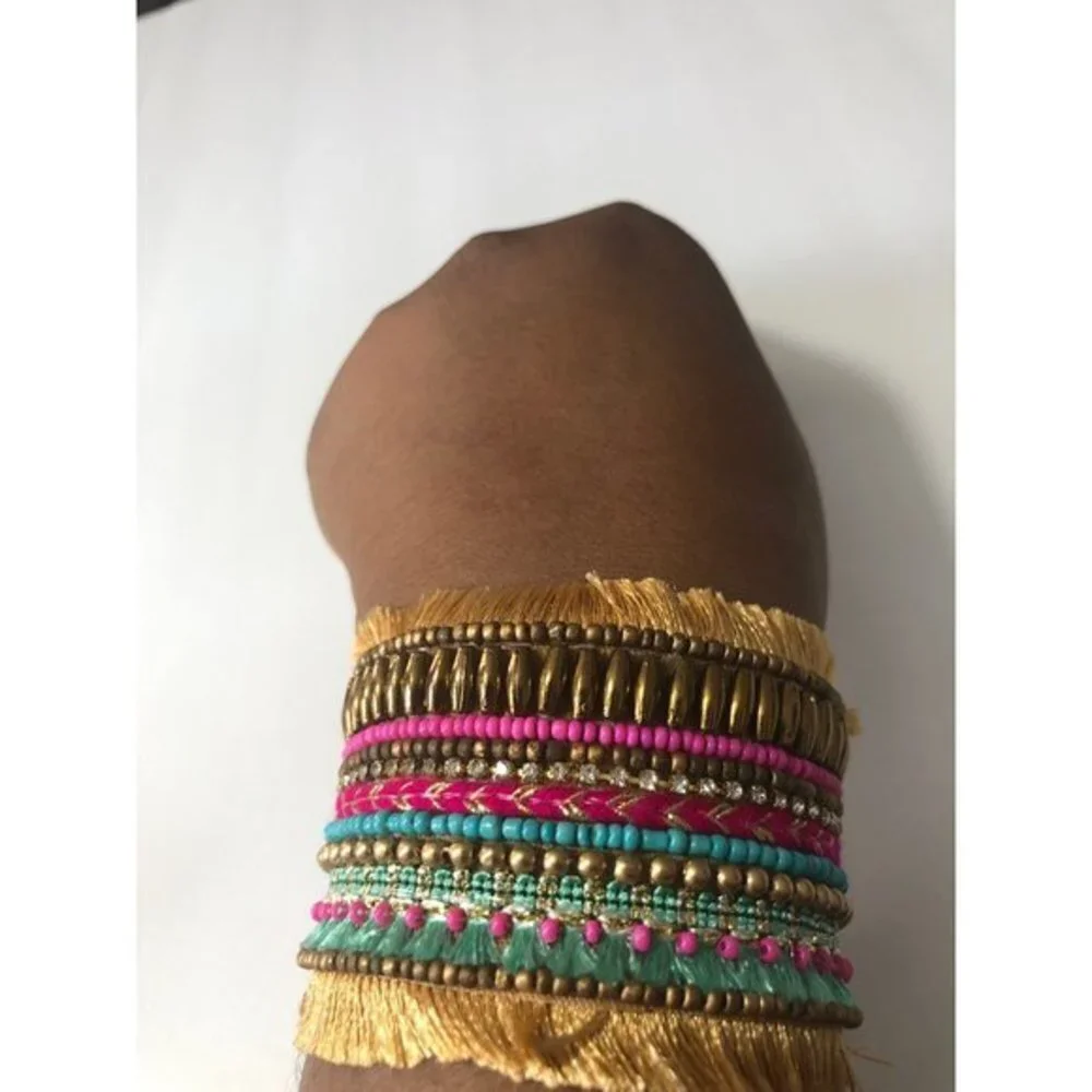 Artsy Cuff Bracelet‎ Women OS Gold Pink Teal Boho Fringe Statement India